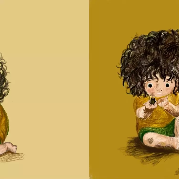 a drawing of a child looking into a cardboard box, then opening the box and finding a beetle inside